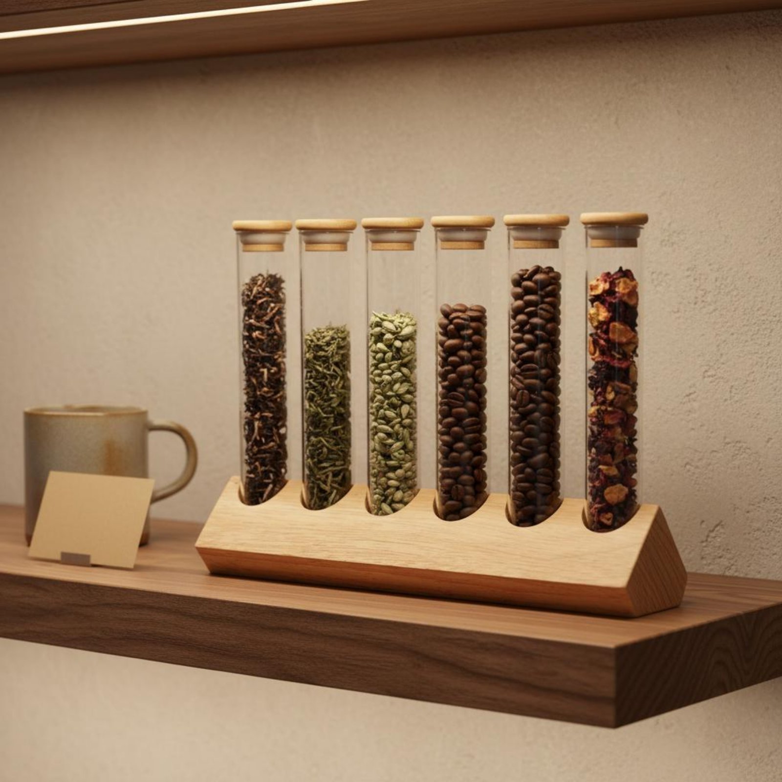 Coffee Equipment Organizer - ชุดภาชนะแก้วทรงกระบอกพร้อมขาตั้งไม้ ดีไซน์โปร่งใส ชุดชั้นวางแก้วทรงกระบอกพร้อมขาตั้งไม้ ชั้นวางโชว์เมล็ดกาแฟ ทำความสะอาดง่าย
