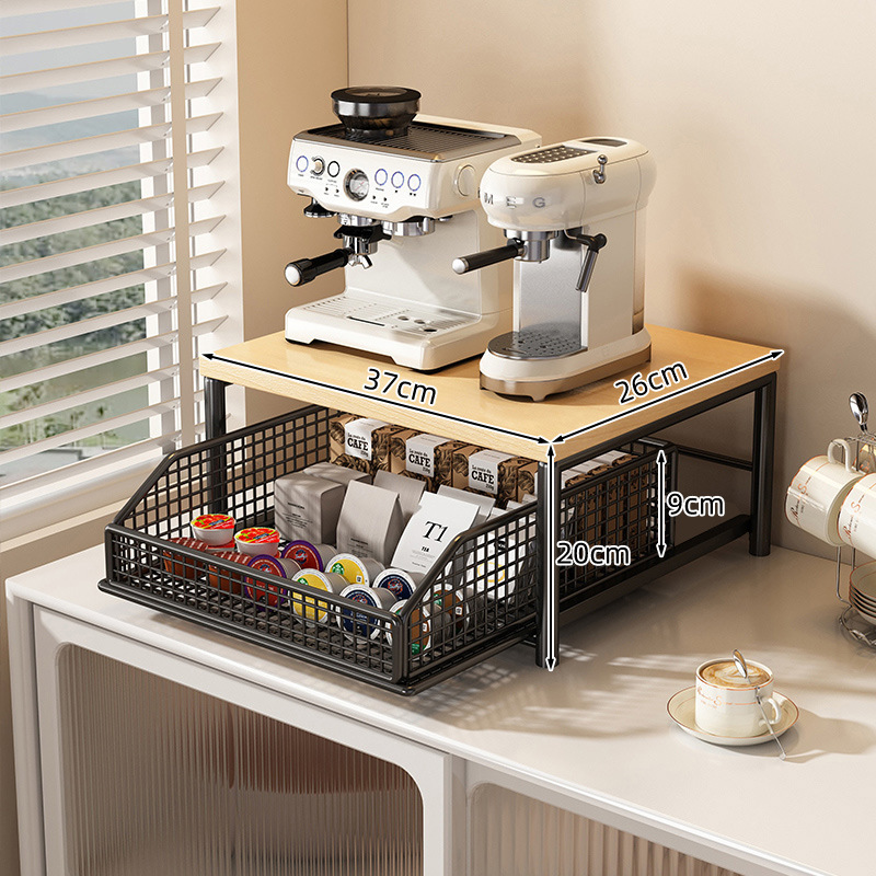 Coffee Equipment Organizer - ชั้นวางเครื่องชงกาแฟแบบดึงออกได้ พร้อมลิ้นชักจัดระเบียบ วัสดุเหล็กและไม้ สำหรับวางบนเคาน์เตอร์ ใช้เก็บถุงชา แคปซูลกาแฟ