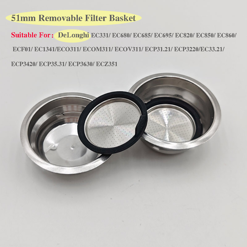 Coffee Equipment Filter - 51 มม.กาแฟเครื่องที่ถอดออกได้ตะกร้ากรองสแตนเลสตะกร้ากรองสําหรับDeLonghi EC331/EC680/EC685/ECP31.21